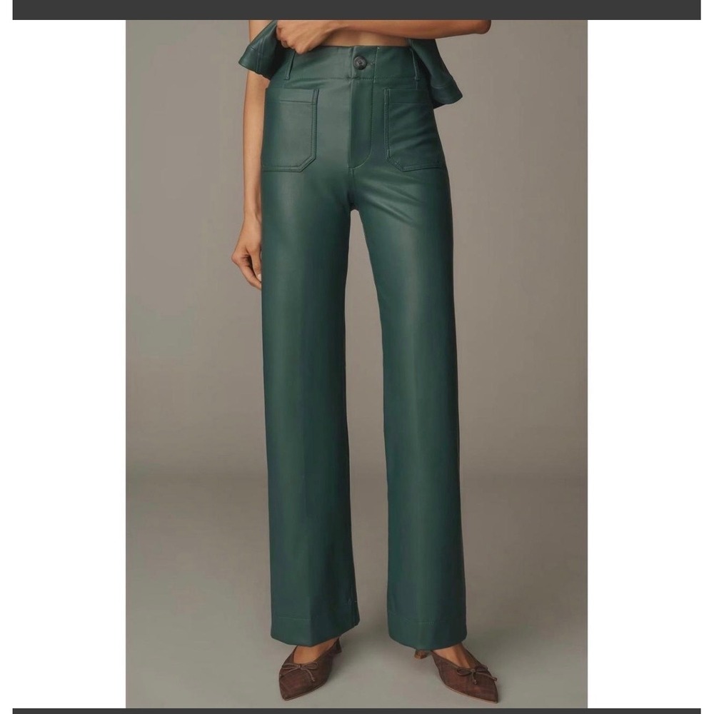 Maeve Colette full length high rise faux leather green pants 28